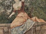 un tableau représentant une femme assise sur un mur