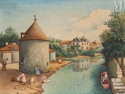 a painting of a village by the water with people on the shore