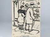 un dessin en noir et blanc représentant un homme et une femme debout devant un magasin