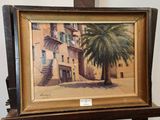 une peinture représentant un palmier devant un immeuble