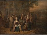 un tableau représentant un groupe de personnes réunies autour d'une table dans un cadre boisé