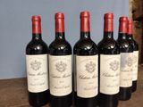 six bottles of red wine are lined up on a wooden table