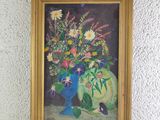 a painting of a vase with flowers in it on a shelf