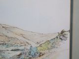 a picture of a painting of a mountain with a sky background