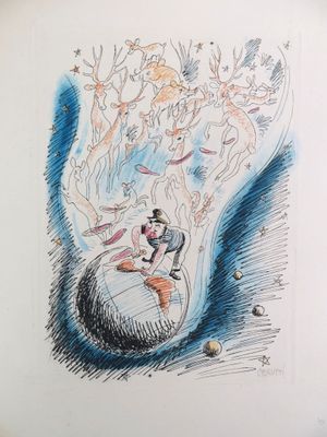 dessin représentant un homme sur une balle, avec de nombreux animaux en arrière-plan