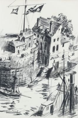 dessin représentant un bateau dans l'eau, près d'un bâtiment sur lequel flotte un drapeau