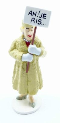 figurine of a woman holding a sign that says ahue ris