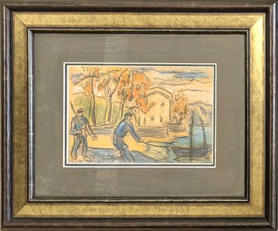 painting of a man and a woman on a boat in the water