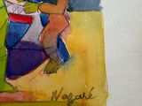a watercolor painting of a group of people on a beach