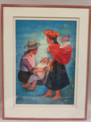 tableau représentant deux femmes avec un bébé et un enfant coiffé d'un bonnet rouge