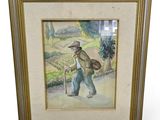 tableau représentant un homme muni d'une canne et d'un chapeau, marchant dans une rue