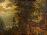 painting of a wooded landscape with a man and a dog in the foreground