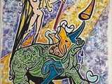 an image of a painting of a woman riding a bull