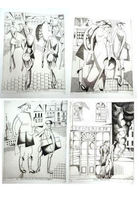 four black and white drawings of a man and woman walking down a street