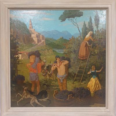 une peinture représentant un groupe de personnes dans un champ