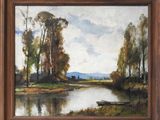 an oil painting of a boat on a river with trees in the background