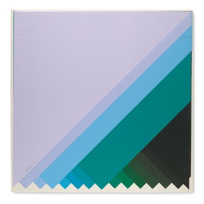 une peinture abstraite composée de rayures bleues, vertes et blanches