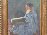 une peinture à l'huile représentant un homme en train de lire un livre sur un tapis