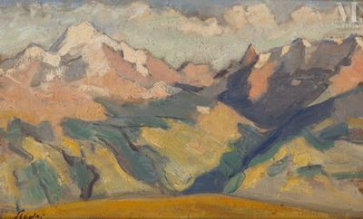 an image of a painting of a mountain range with a sky background