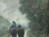 tableau représentant deux hommes à cheval sur une route mouillée, avec des arbres en arrière-plan