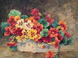 a painting of flowers in a white bowl on a table