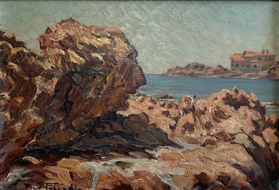 tableau représentant une plage rocheuse avec un phare au loin