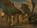 peinture représentant un tableau d'un village situé dans une région montagneuse
