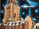 tableau représentant une église avec un clocher au milieu d'une ville enneigée