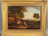 une peinture à l'huile représentant une scène de village avec un homme à cheval et une femme à cheval