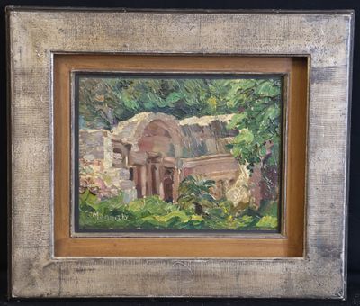 an oil painting of a building in a wooded area with trees