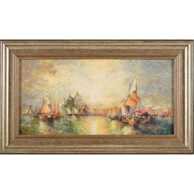 un tableau représentant des bateaux sur l'eau, avec des bâtiments en arrière-plan