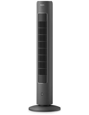 un ventilateur colonne noir posé sur une surface blanche