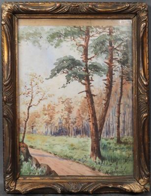 une peinture à l'huile d'un chemin dans une zone boisée avec des arbres