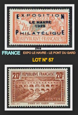 deux timbres différents provenant de France et représentant un pont en arrière-plan