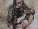 painting of a woman kneeling down with a cat in her lap