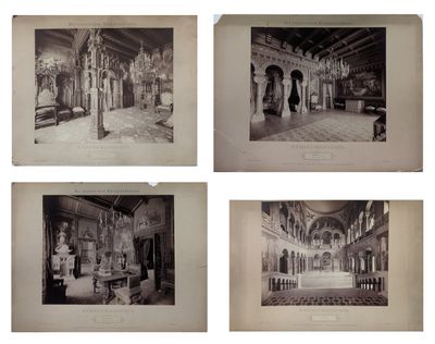 quatre photographies en noir et blanc d'une pièce avec une cheminée et un lustre