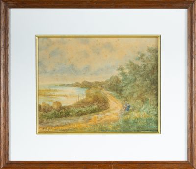 une peinture à l'huile représentant un paysage avec une personne marchant sur un sentier