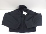 the jacket is black and has a white tag on it