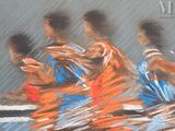 painting of a group of people sitting on a bench in the rain