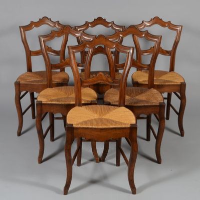 set of six antique oak dining chairs with rushing seats