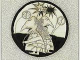 an image of a drawing of a man on a horse with a star in the background