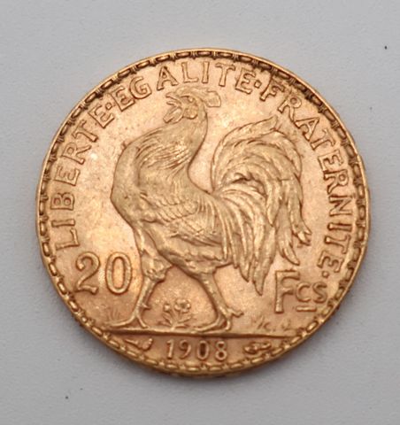 Pièce de monnaie en or à valeur faciale de vingt francs 1908. Fra...