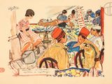 painting of a group of people sitting around a table with food on it