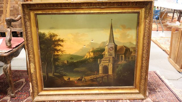 Tableau horloge « scène animée », huile sur toile non signée (acc...