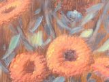 a painting of orange flowers in a vase on a table