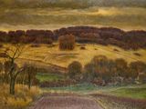 une peinture à l'huile représentant un paysage avec un champ et des arbres