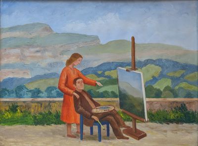 tableau représentant une femme en train de peindre un homme assis sur une chaise devant un tableau