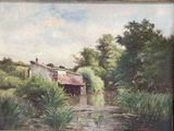 an oil painting of a river with a barn in the background