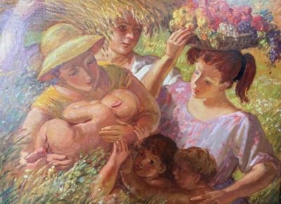 un tableau représentant trois femmes tenant un bébé dans un champ
