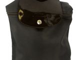 the back of a black backpack with a brown handle